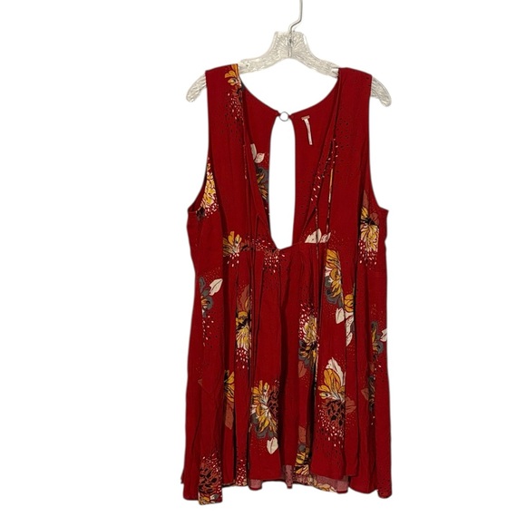 Free People Lovely Day Floral Print Mini Tunic Dress L Red Boho Tie Front Boxy - Picture 3 of 15